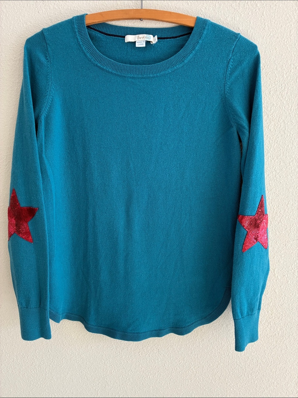 Boden Dark Turquoise Sweater Red Sequin Star Elbow Patches Size S